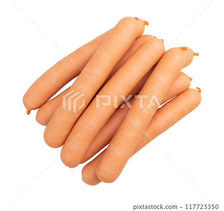 pile of fresh boiled sausages isolated on white 117723350