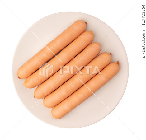 fresh boiled sausages on plate isolated on white fresh boiled sausages on plate isolated on white 117723354
