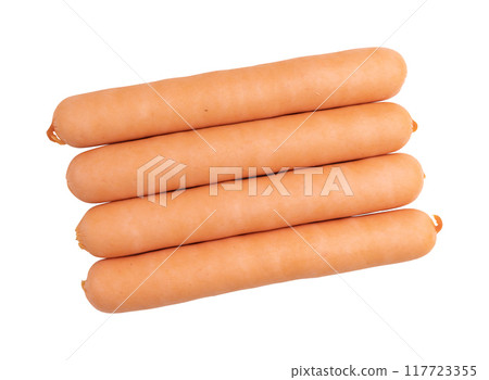 pile of fresh boiled sausages isolated on white pile of fresh boiled sausages isolated on white 117723355