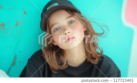 Young girl with blue eyes poses against a colorful wall 117723401