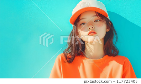 Young woman in orange sweater and cap by blue wall 117723403