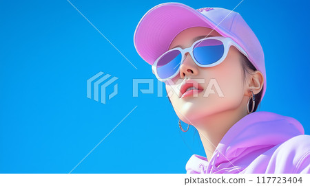 Young woman in pink attire enjoying a sunny day outdoors 117723404