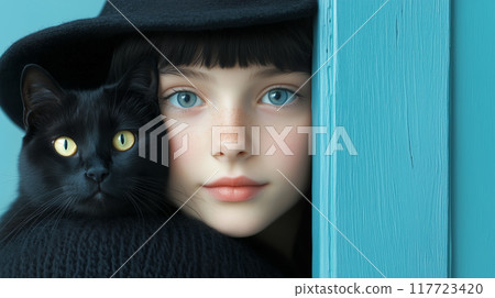 Girl with black cat by turquoise wall in soft lighting 117723420