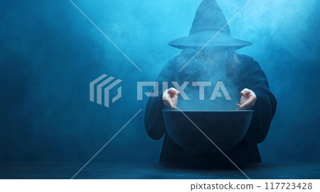 Witch brewing potion in a dark, misty setting 117723428