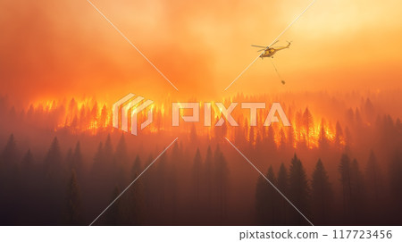 Helicopter battling wildfire near forest at sunset 117723456