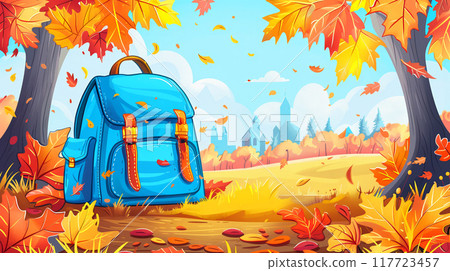 Blue backpack on the ground surrounded by colorful autumn leaves in a bright park 117723457
