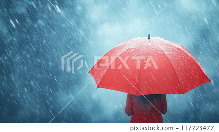 Person holding a red umbrella in heavy rain, rear view, wearing a red coat 117723477