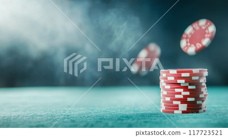 Red poker chips stack with chips flying at casino night 117723521
