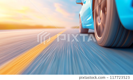 Blue car driving on a highway during sunset 117723523