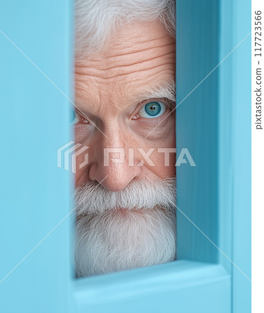 Elderly man with blue eyes peering through a door 117723566