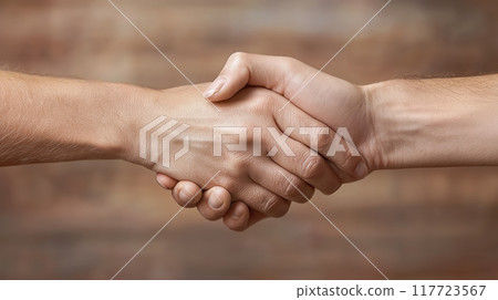 Two people shaking hands in a friendly agreement 117723567