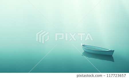 A small boat floats peacefully on calm turquoise waters during t 117723657