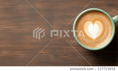 A cup of latte art with a heart shape design on a wooden table 117723658