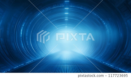 Futuristic tunnel with glowing blue lights at night 117723695