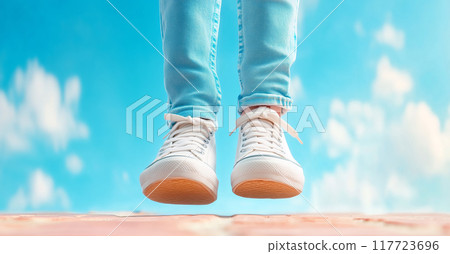 A girl jumping in sneakers against a blue sky background A girl jumping in sneakers against a blue sky background 117723696