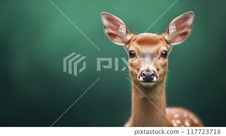 Young deer stands alert in soft forest light 117723718