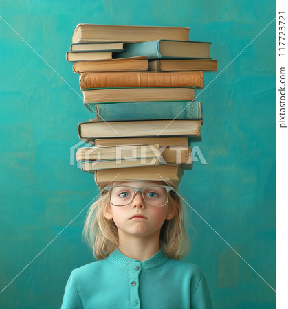 Young girl balancing books on her head against blue background 117723721