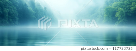 Misty morning over serene lake surrounded by trees 117723725