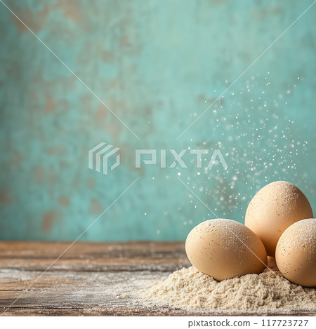 Fresh eggs resting on floury surface with pastel backdrop 117723727
