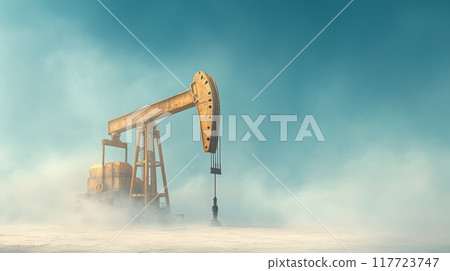 A lone rusty oil pumpjack in a misty, desolate landscape under a pale blue sky, with copy space 117723747