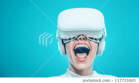A person wearing a virtual reality headset, with their mouth open wide in excitement or surprise 117723805