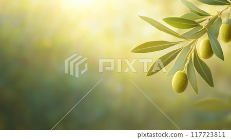 Close-up of olive branch with green olives on a blurred light green background 117723811