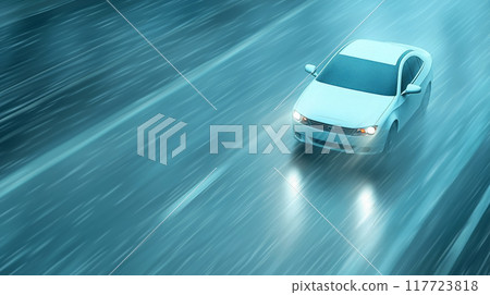 White car driving fast on a rainy road at night with headlights on, motion blur White car driving fast on a rainy road at night with headlights on, motion blur 117723818