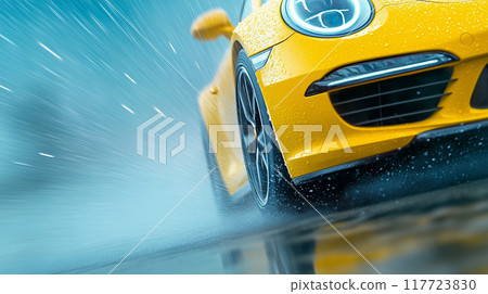 Yellow sports car speeding through heavy rain on a wet road 117723830