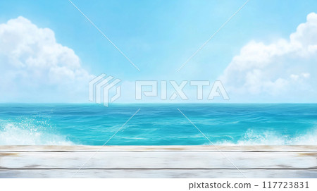 Calm ocean waves gently lapping against a weathered wooden dock 117723831