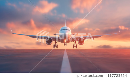 Airplane taking off at sunrise over a runway with vibrant clouds in the background 117723834