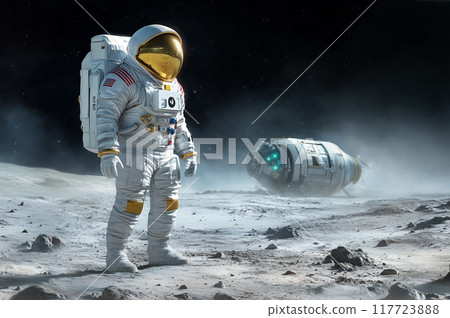 Astronaut standing on a moon surface with a futuristic spacecraft  117723888