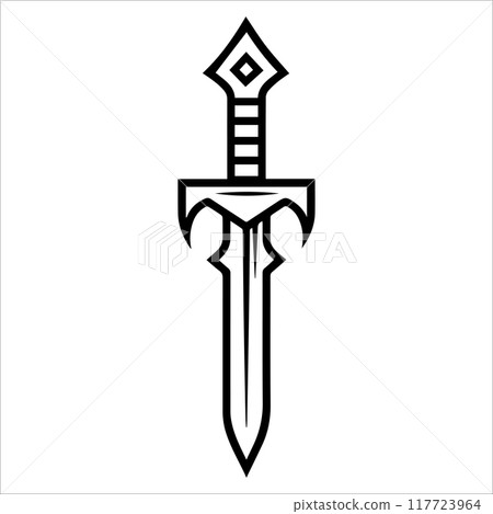 Dagger icon or modern line symbol. Vector line art and icon design with bold outline. Black and white Pixel Perfect minimalistic symbol isolated white background. Silhouette simple thin sign Dagger icon or modern line symbol. Vector line art and icon design with bold outline. Black and white Pixel Perfect minimalistic symbol isolated white background. Silhouette simple thin sign 117723964