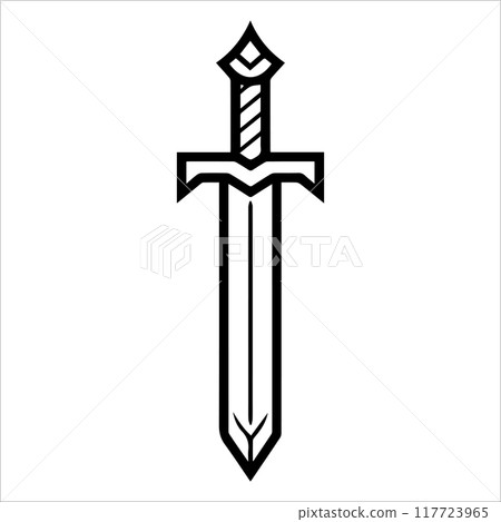 Dagger icon or modern line symbol. Vector line art and icon design with bold outline. Black and white Pixel Perfect minimalistic symbol isolated white background. Silhouette simple thin sign Dagger icon or modern line symbol. Vector line art and icon design with bold outline. Black and white Pixel Perfect minimalistic symbol isolated white background. Silhouette simple thin sign 117723965