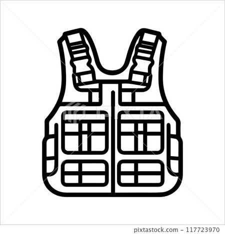 Military Vest icon or modern line symbol. Vector line art and icon design with bold outline. Black and white Pixel Perfect minimalistic symbol isolated white background. Silhouette simple thin sign 117723970