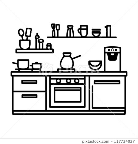 Kitchen icon or modern line symbol. Vector line art and icon design with bold outline. Black and white Pixel Perfect minimalistic symbol isolated white background. Silhouette simple thin sign Kitchen icon or modern line symbol. Vector line art and icon design with bold outline. Black and white Pixel Perfect minimalistic symbol isolated white background. Silhouette simple thin sign 117724027