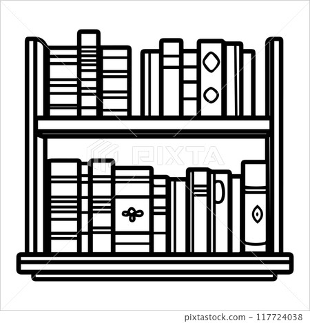 Bookshelf icon or modern line symbol. Vector line art and icon design with bold outline. Black and white Pixel Perfect minimalistic symbol isolated white background. Silhouette simple thin sign Bookshelf icon or modern line symbol. Vector line art and icon design with bold outline. Black and white Pixel Perfect minimalistic symbol isolated white background. Silhouette simple thin sign 117724038