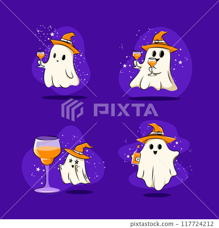 Boozy party. Ghosts enjoying drinks in witch hats, celebrating Halloween with spooky, cheerful, twist. Contemporary art collage. Boozy party. Ghosts enjoying drinks in witch hats, celebrating Halloween with spooky, cheerful, twist. Contemporary art collage. 117724212