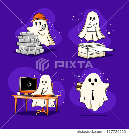 Office time. Ghosts at work, from construction to office tasks, blending the spooky Halloween spirit with everyday work life. Contemporary art collage. Office time. Ghosts at work, from construction to office tasks, blending the spooky Halloween spirit with everyday work life. Contemporary art collage. 117724213