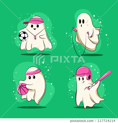 Sporty vibe. Adorable ghosts dressed in sports gear, from soccer to baseball, adding fun and energetic twist to Halloween. Contemporary art collage. Sporty vibe. Adorable ghosts dressed in sports gear, from soccer to baseball, adding fun and energetic twist to Halloween. Contemporary art collage. 117724214