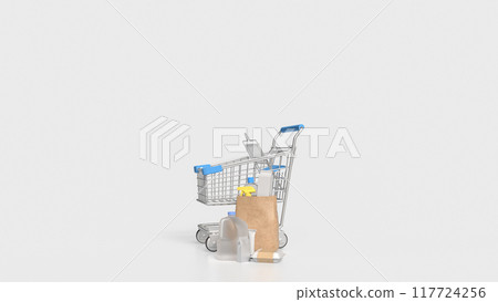 The product in paper bag on mobile phone for food delivery or application concept 3d rendering. The product in paper bag on mobile phone for food delivery or application concept 3d rendering. 117724256