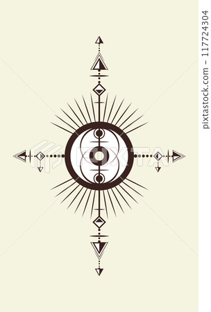 Vesica piscis mysterious magical sacred geometry. logo tattoo, duality, trinity mythological symbol in boho style. Wiccan witches protective sign, the mystic third eye, vector isolated Vesica piscis mysterious magical sacred geometry. logo tattoo, duality, trinity mythological symbol in boho style. Wiccan witches protective sign, the mystic third eye, vector isolated 117724304