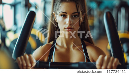 Woman Exercising In Gym, Looking At Camera 117724431