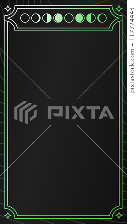 Green magical tarot cards. Mystical occult illustrations, bohemian spiritual astrology templates, witch vector illustration collection. Prediction of the future. 117724443