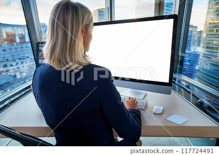 Back view of a businesswoman operating a computer Back view of a businesswoman operating a computer 117724491