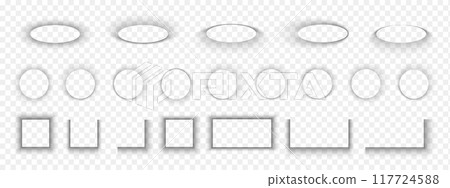 Set of different shadow effects. Realistic soft grey shapes. Square and rectangular, round and oval package, box or banner shades isolated on transparent background. Vector illustration 117724588