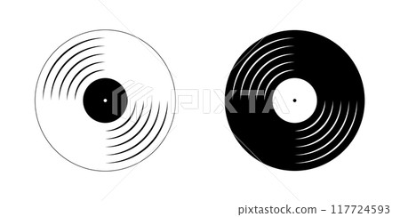 White and black vinyl record icons. Gramophone LP or long play music discs. Song single symbol. DJ equipment for techno party or 70s 80s 90s discotheque. Vector graphic illustratio White and black vinyl record icons. Gramophone LP or long play music discs. Song single symbol. DJ equipment for techno party or 70s 80s 90s discotheque. Vector graphic illustratio 117724593