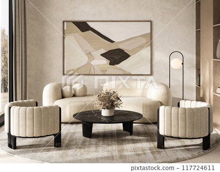 Modern cozy living room, featuring stylish furniture, art, and sophisticated decor, 3d rendering Modern cozy living room, featuring stylish furniture, art, and sophisticated decor, 3d rendering 117724611