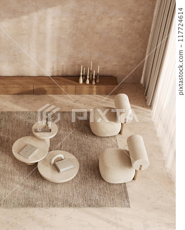 Spacious boho scandinavian interior with unique seating and wooden accents, 3d rendering 117724614