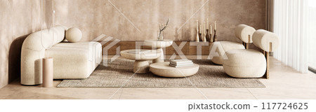 A modern minimalist living room with stylish furniture and soothing colors for a serene vibe, 3d rendering 117724625