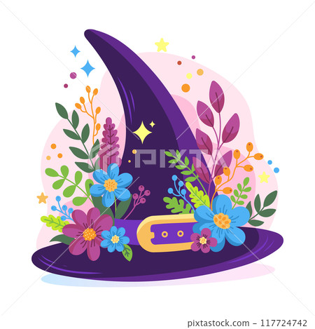 Vibrant vector illustration of a witch's hat with colorful flowers and leaves, blending magical and botanical elements.  117724742